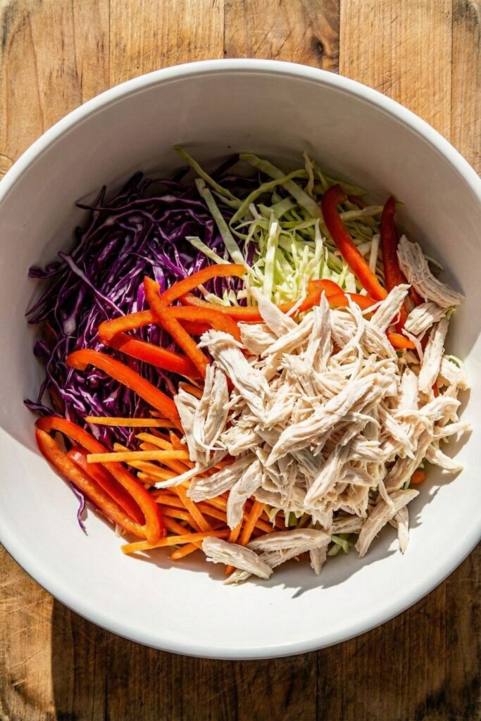 A large white mixing bowl filled with fresh shredded cabbage, carrots, peppers, and 150g of shredded white meat chicken breast, ready to be mixed.