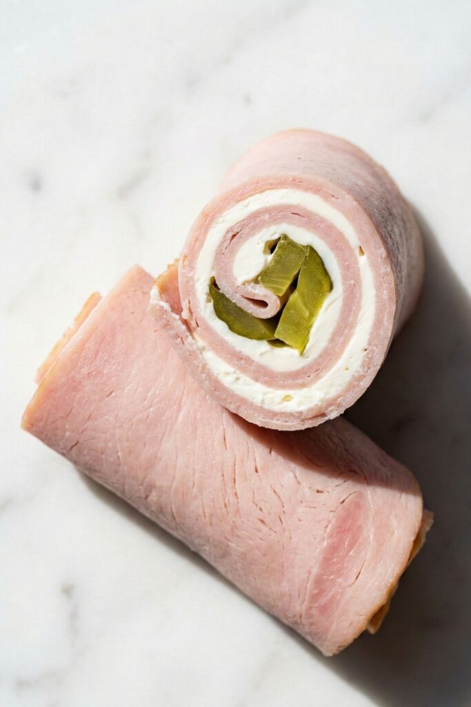 A close-up cross-section of a sliced turkey pickle roll-up stacked on a whole one, revealing the delicious spiral layers of meat, cream cheese, and crunchy pickle center.
