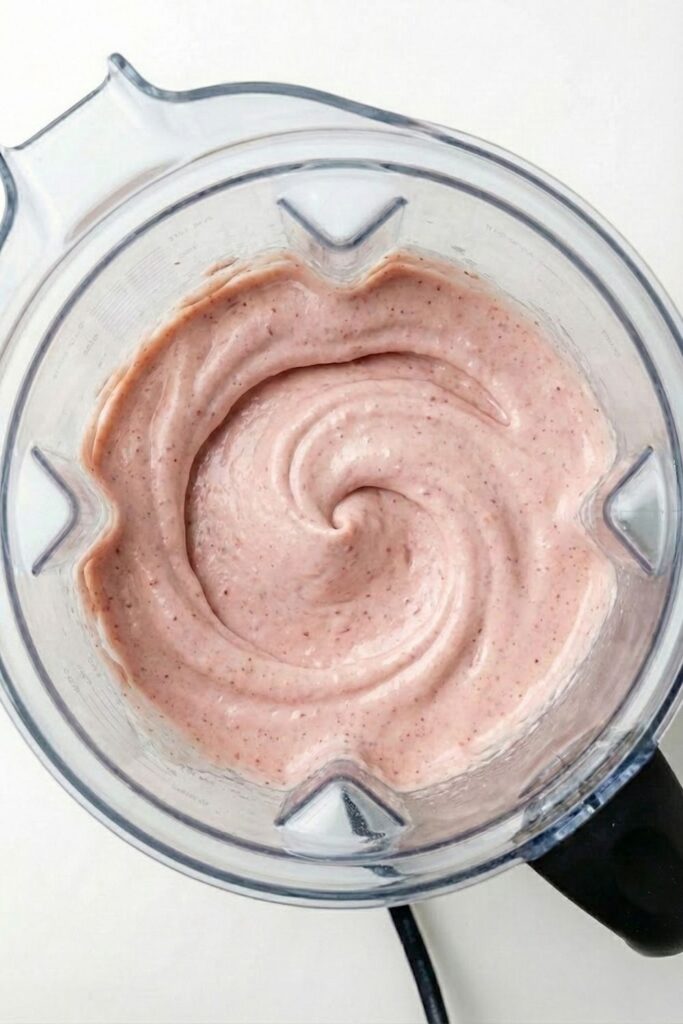 Perfectly blended high protein ice cream inside the blender showing a glossy, soft-serve texture with no ice crystals