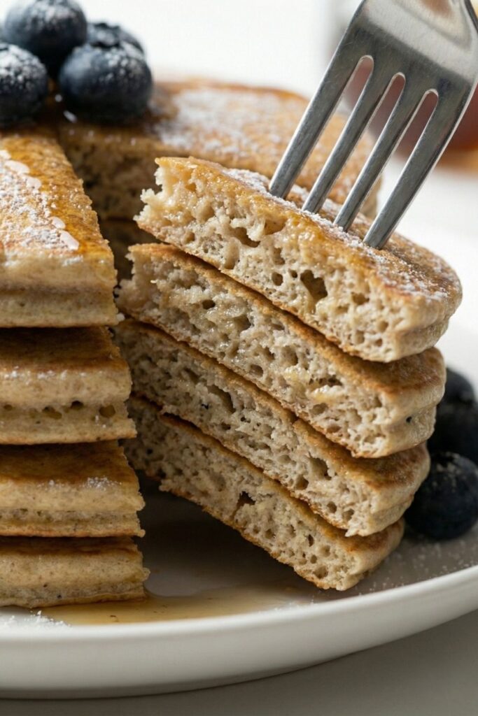 Close up macro shot showing the soft, sponge-like inside texture of an almond flour protein pancake to prove it is not dry or rubbery.