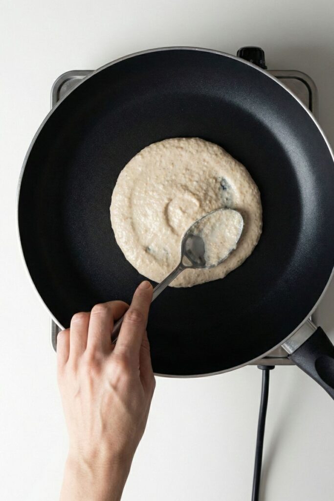 Spreading the thick almond flour batter into a circle in a non-stick skillet using the back of a spoon.