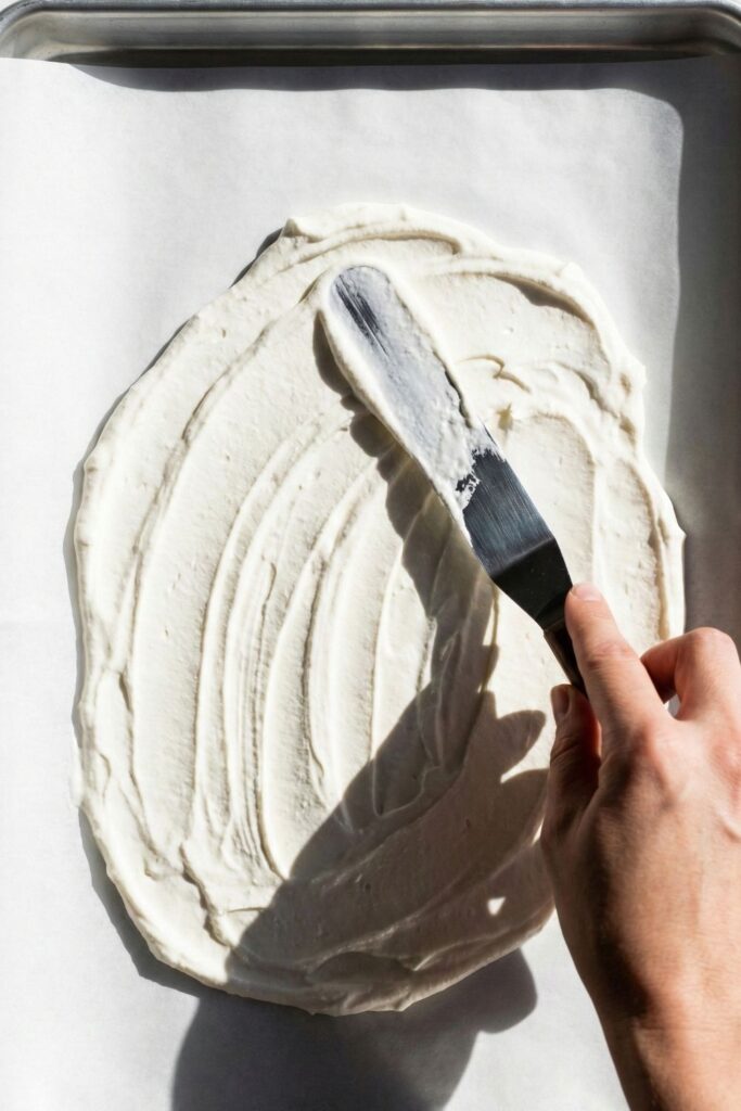 A hand using a spatula to spread a creamy high-protein yogurt mixture onto a parchment-lined baking sheet, creating textured ridges that catch the light.