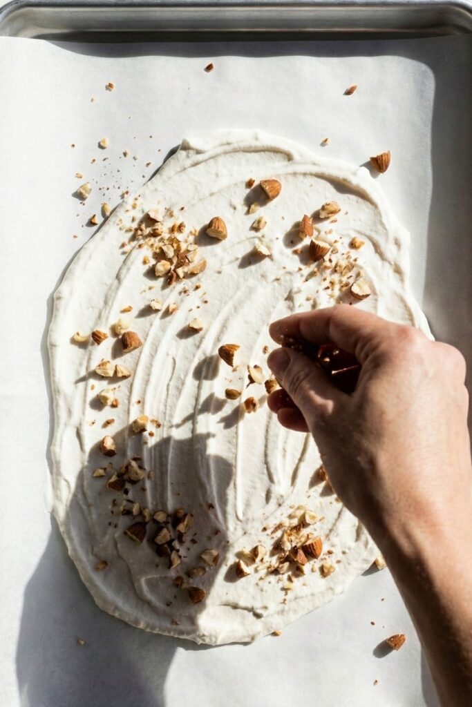Action shot of a hand sprinkling crushed almonds over a layer of yogurt, with nuts captured mid-air and scattered messily on the white parchment.