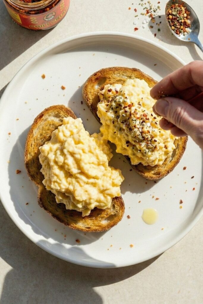 Hand sprinkling seasoning and chili flakes over creamy scrambled eggs on toast to add flavor and texture.