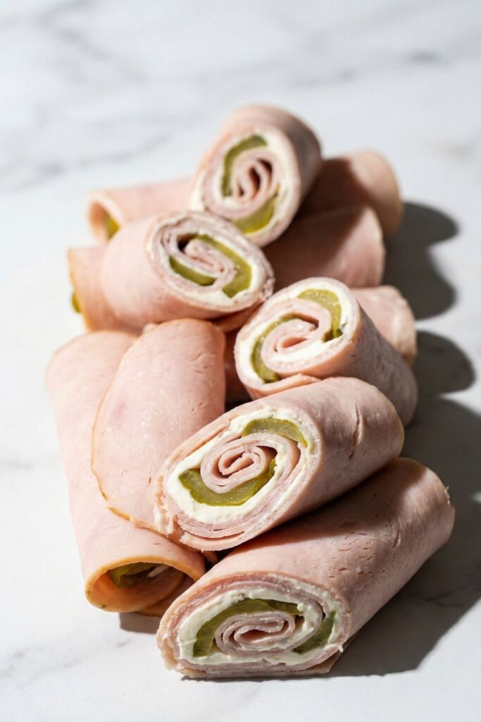 A hero shot featuring a stack of eight turkey pickle roll-ups arranged on a white marble surface, showcasing a perfect meal prep idea for weight loss.