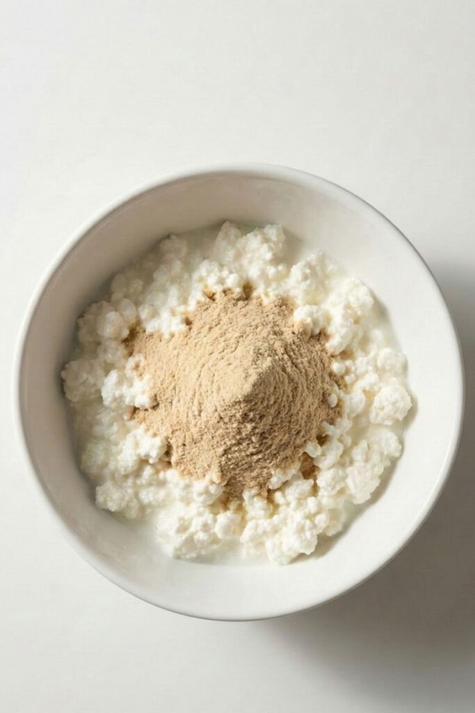Step 1 adding vanilla protein powder to a bowl of cottage cheese.
