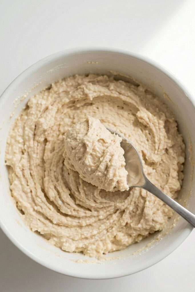 Step 2 mixing the protein bowl until it reaches a thick cookie dough texture using a heavy spoon.