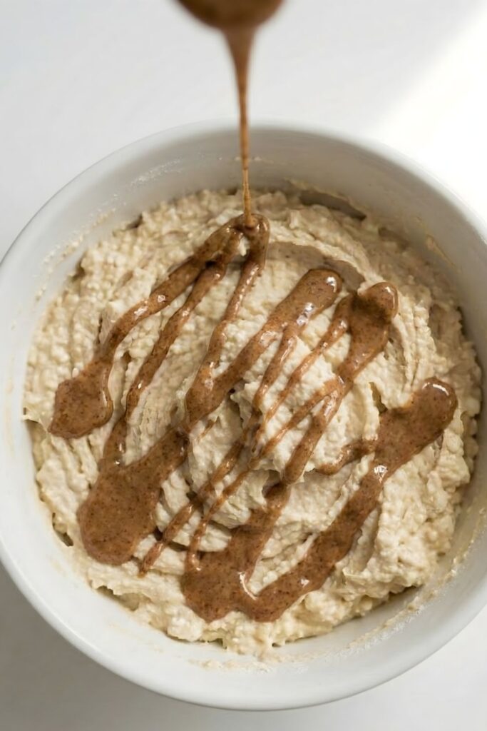 Step 3 drizzling creamy almond butter over the protein bowl for healthy fats.