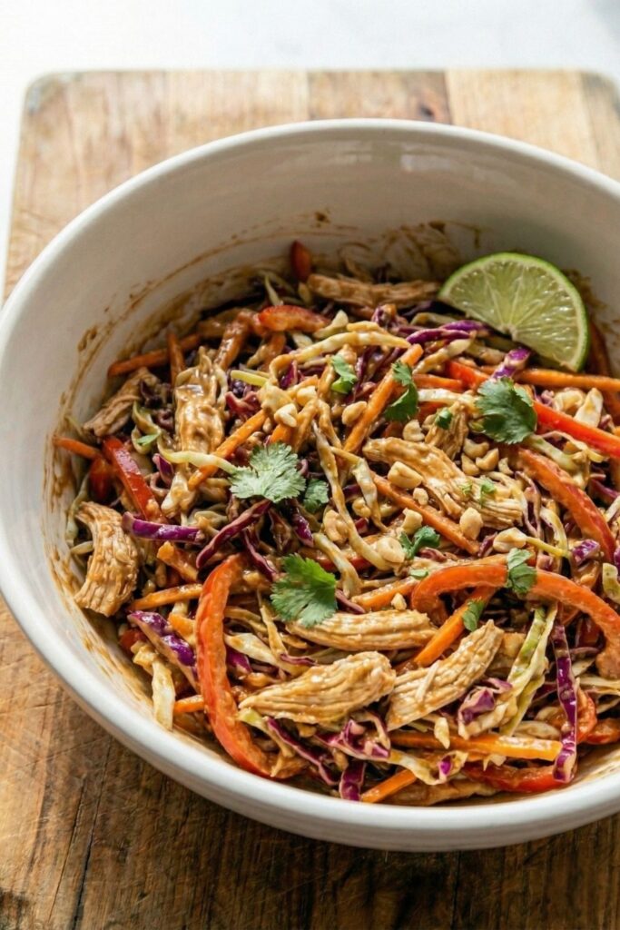 A delicious close-up of Thai Peanut Chicken Salad garnished with fresh cilantro, crushed peanuts, and a lime wedge, highlighting the creamy texture and vibrant crunch.
