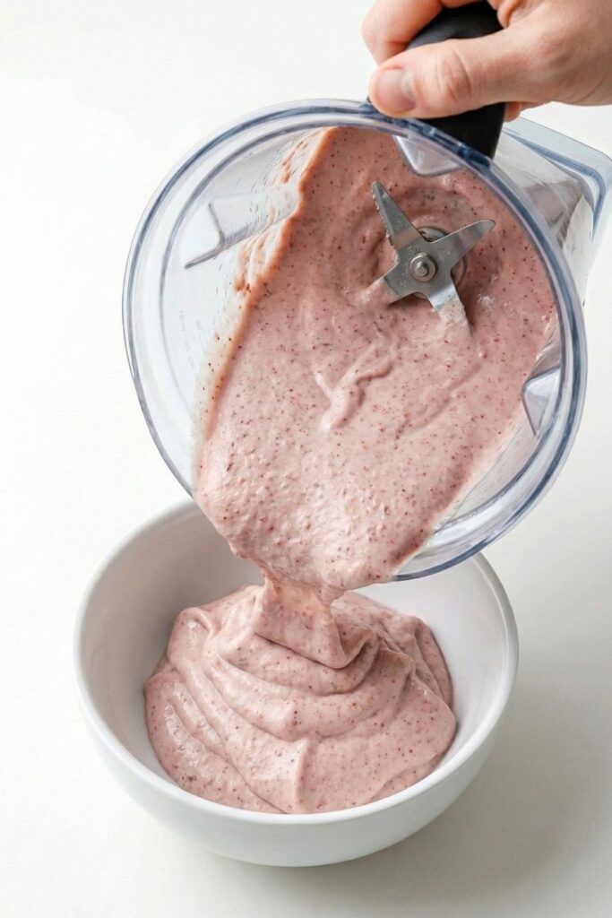 A woman holding a blender with ice cream Batter being poured into a bowl