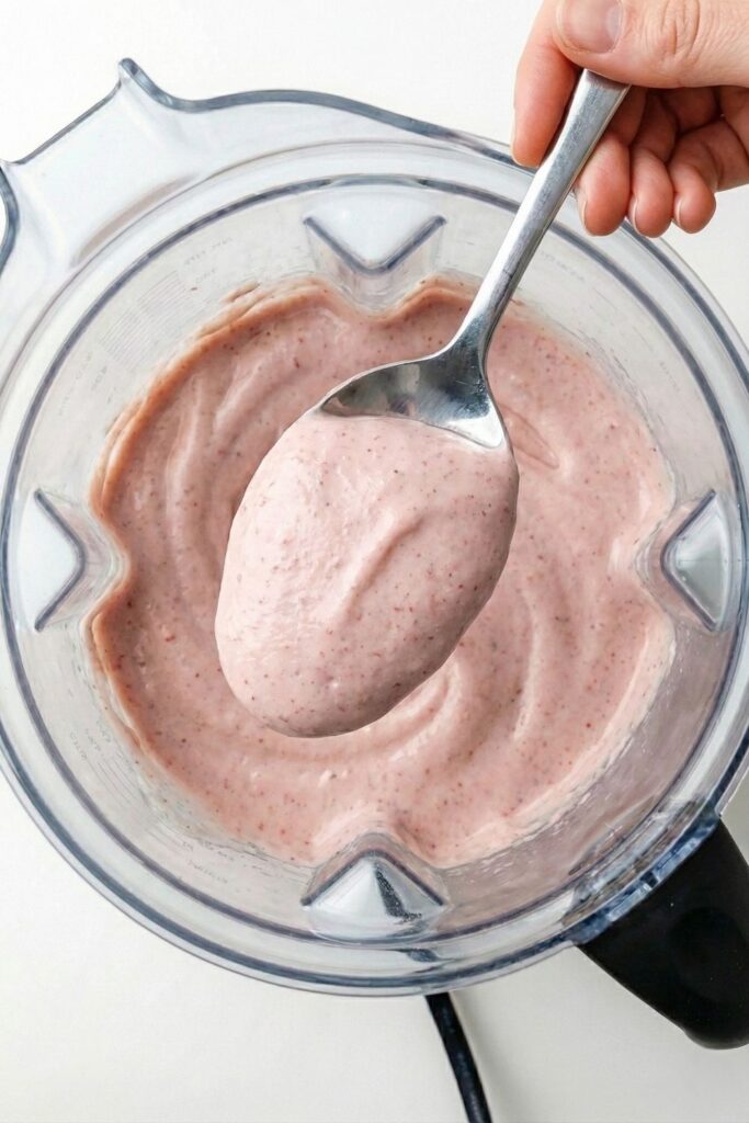 A spoon holding thick protein ice cream upside down without dripping, proving the recipe is creamy and not watery.