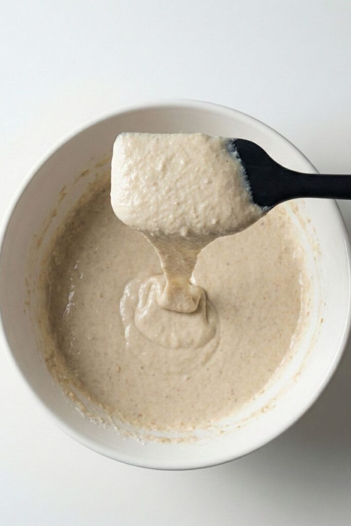 A whisk lifting thick, oatmeal-like protein pancake batter to show the correct consistency, ensuring the batter is not too runny.