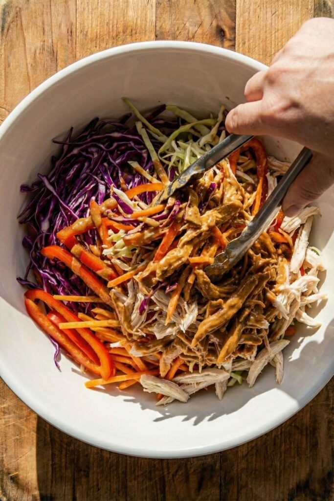 Action shot of tongs tossing a high-protein chicken salad, coating the shredded chicken and crunchy vegetables in savory peanut dressing.