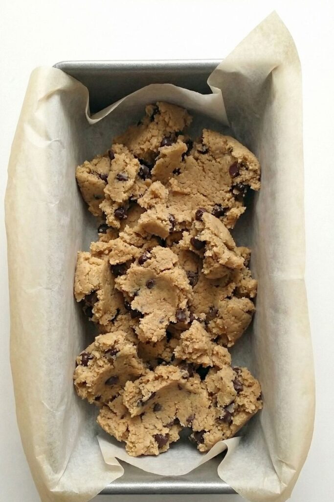 Loose protein bar dough transferred into a parchment lined loaf pan before pressing.