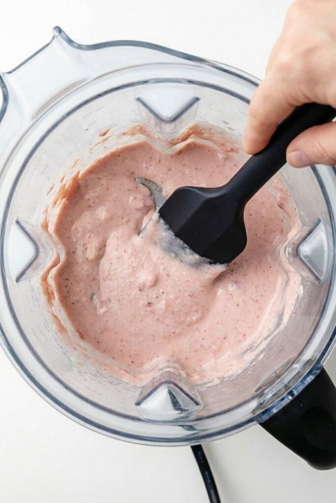 Using a tamper tool to push thick, dense cottage cheese ice cream mixture down into the blender blades to remove air pockets.