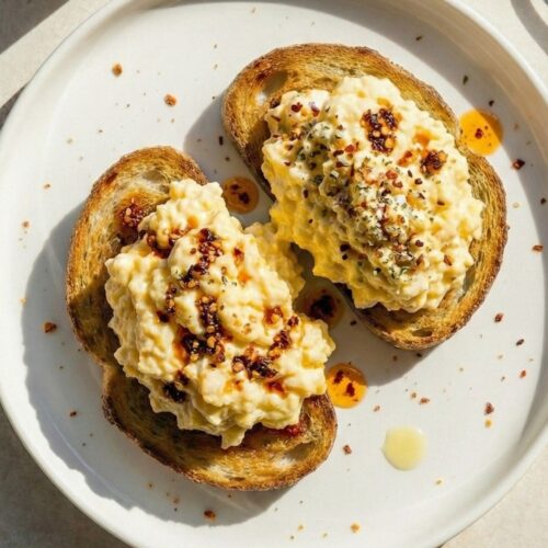 Top-down hero shot of aesthetic cottage cheese scrambled eggs on toast with chili crisp, lit by natural hard sunlight for a viral Pinterest look.