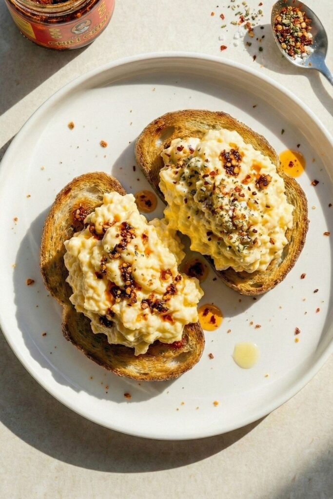 Top-down hero shot of aesthetic cottage cheese scrambled eggs on toast with chili crisp, lit by natural hard sunlight for a viral Pinterest look.