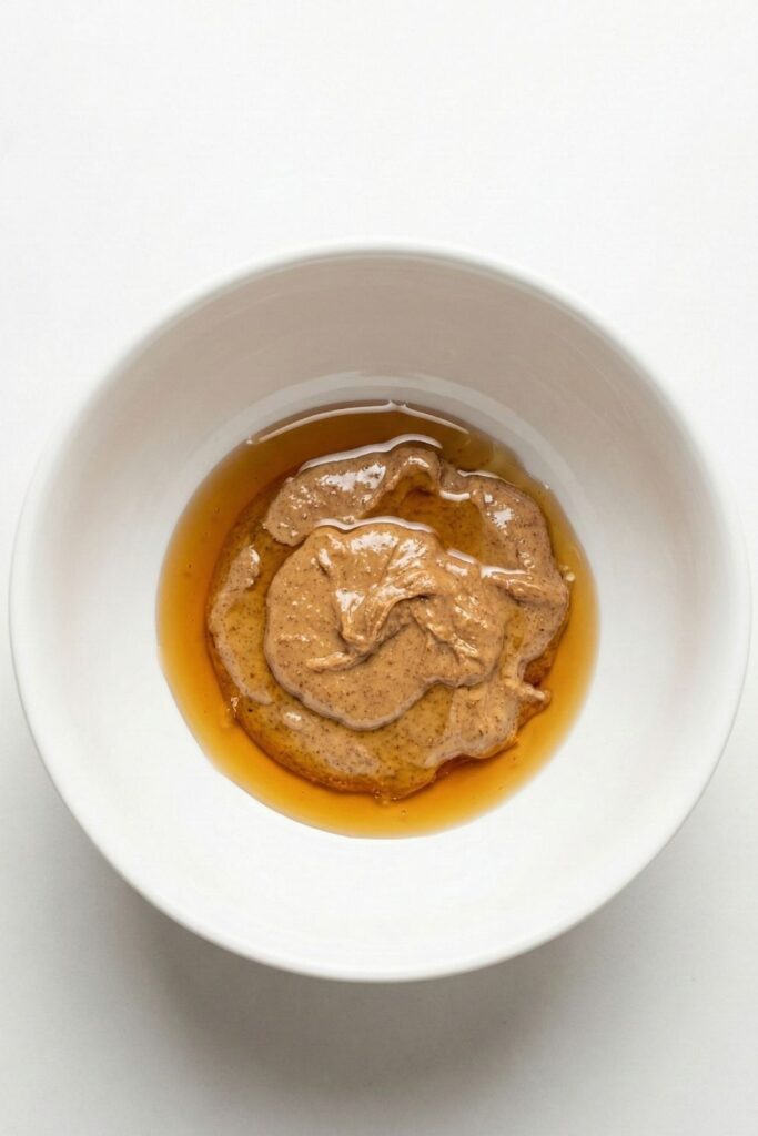 Nut butter and maple syrup unmixed in a bowl, the base for healthy no bake bars.