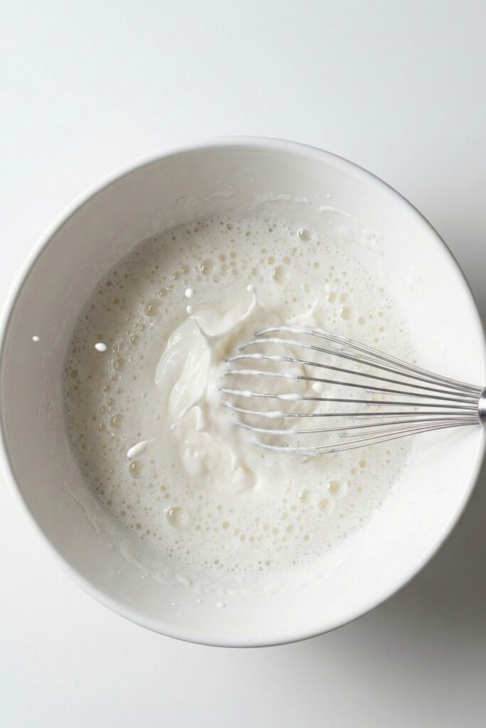 Whisking liquid egg whites and Greek yogurt in a bowl until frothy bubbles form, the first step for making fluffy pancakes.