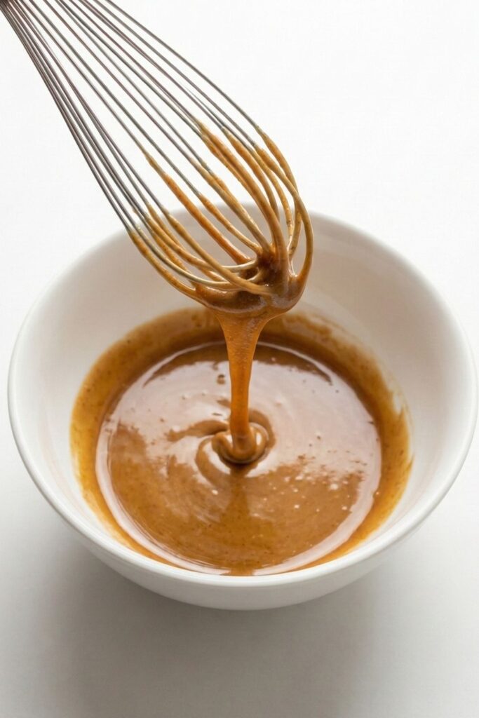 Whisk lifting a thick glossy ribbon of mixed nut butter and syrup, showing the correct emulsified texture.