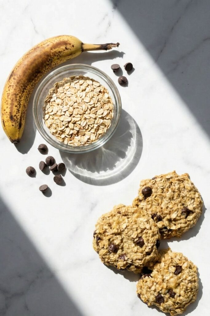 Flat lay of three baked banana oatmeal cookies alongside their raw components on white marble: one unpeeled brown-speckled banana, a glass bowl with 1 ½ cups of raw rolled oats, and scattered chocolate chips.