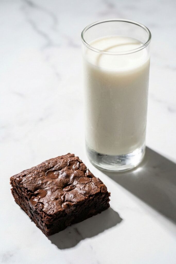 A rich, dark chocolate 3 ingredient brownie square sitting next to a tall, ice-cold glass of milk with sharp, directional shadows on a white marble counter.
