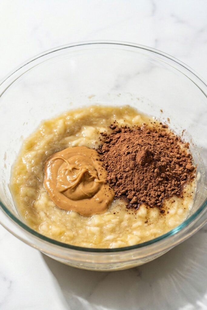 1/2 cup of creamy, all-natural peanut butter and 1/3 cup of dark cocoa powder sitting on top of mashed bananas in a glass bowl right before mixing.