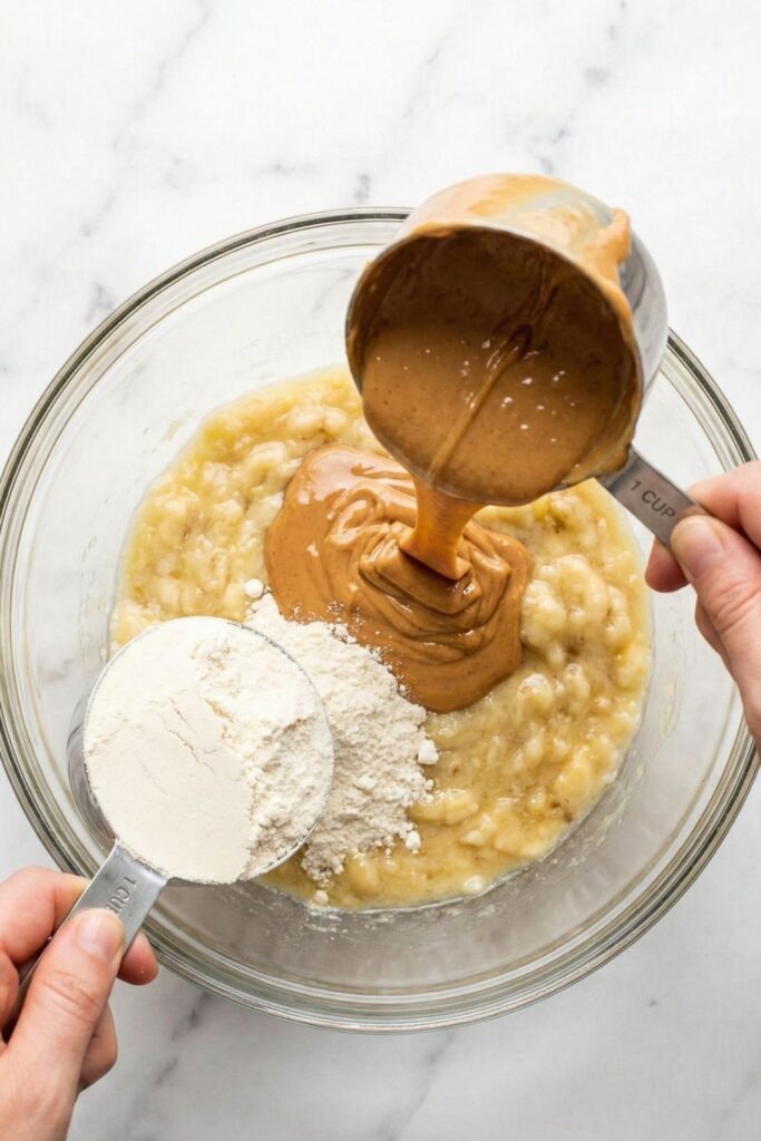 Pouring 1 cup of all-natural creamy peanut butter and 1 cup of vanilla protein powder into mashed bananas to bind the cookie dough.