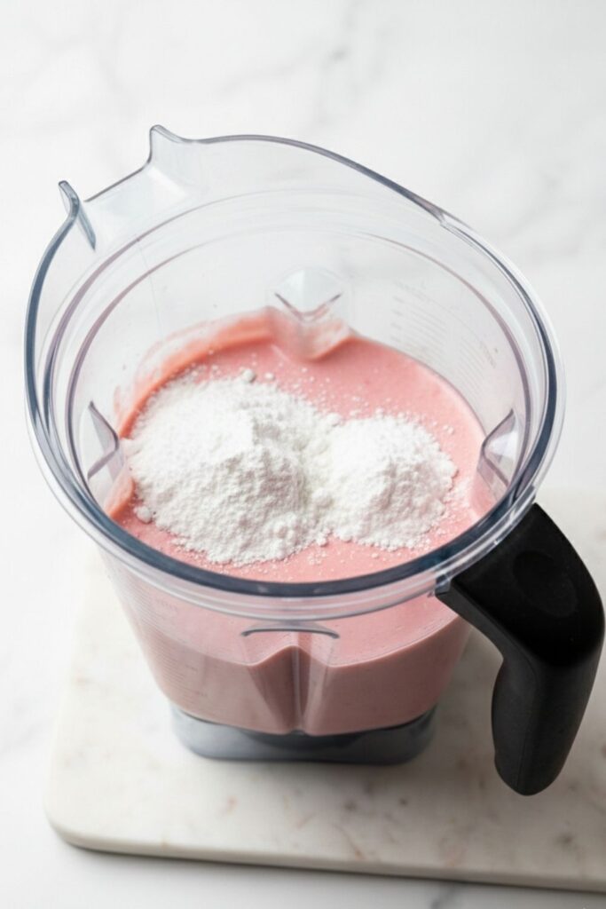 Vanilla whey protein and powdered sweetener resting on top of the wet pink mixture in the blender before mixing.