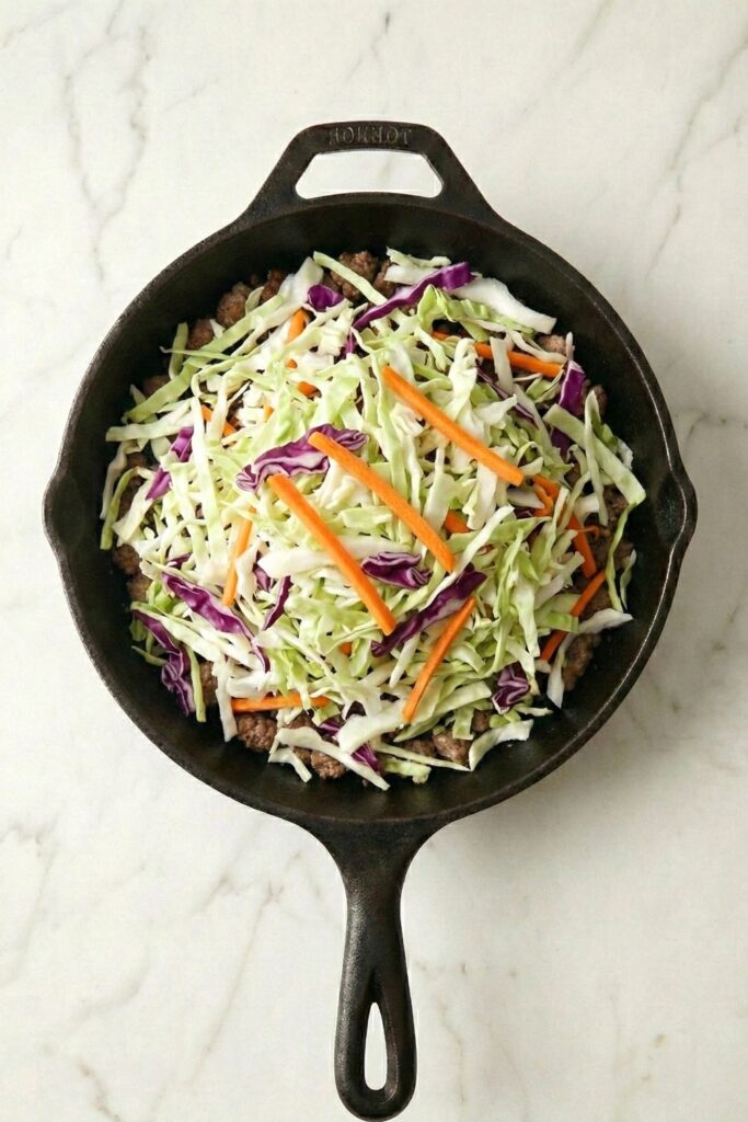 A large mound of fresh raw coleslaw mix and shredded carrots piled high on top of ground turkey in a skillet.