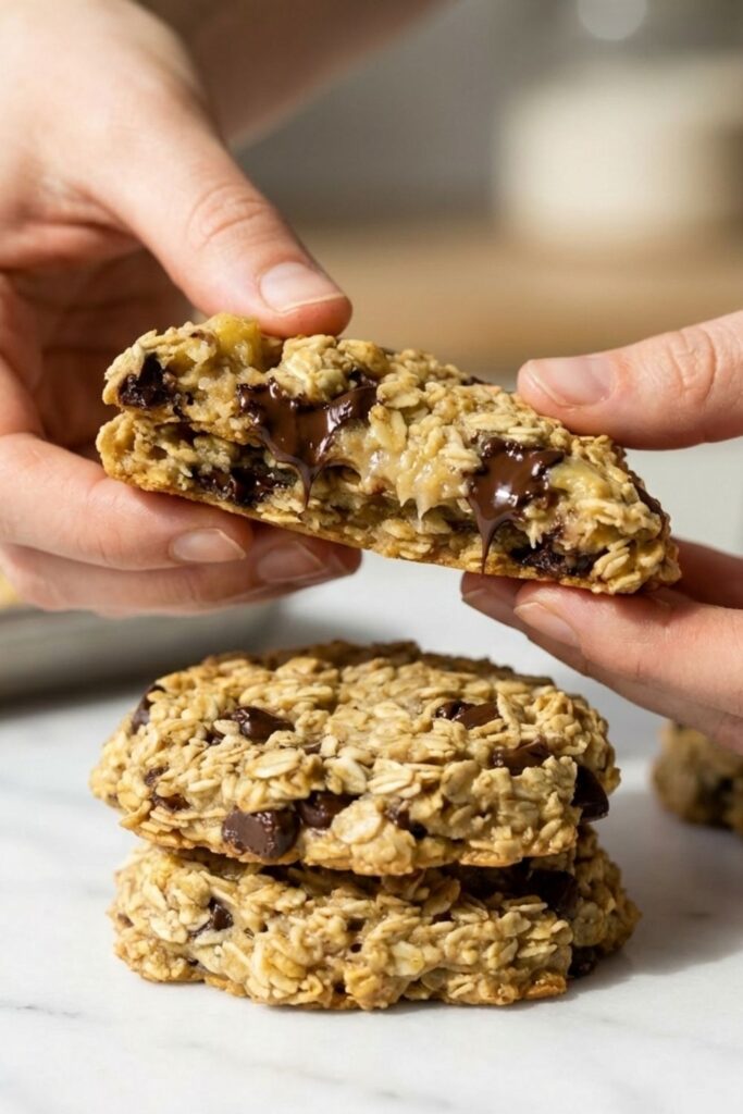 A freshly baked 3-ingredient banana oatmeal cookie broken in half at a 45-degree angle, revealing melted chocolate chips and a soft, gooey oat center bound by mashed banana.