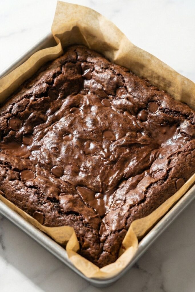Freshly baked flourless brownies in an 8x8 inch pan with slightly set edges and a gooey center, resting on a white marble counter.