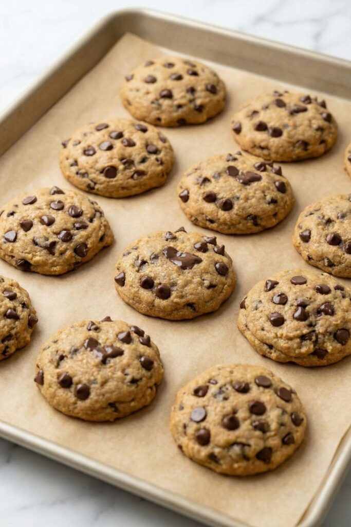 Freshly baked protein cookies on a baking sheet after 10 minutes at 350F, showing set edges and melted chocolate chips.