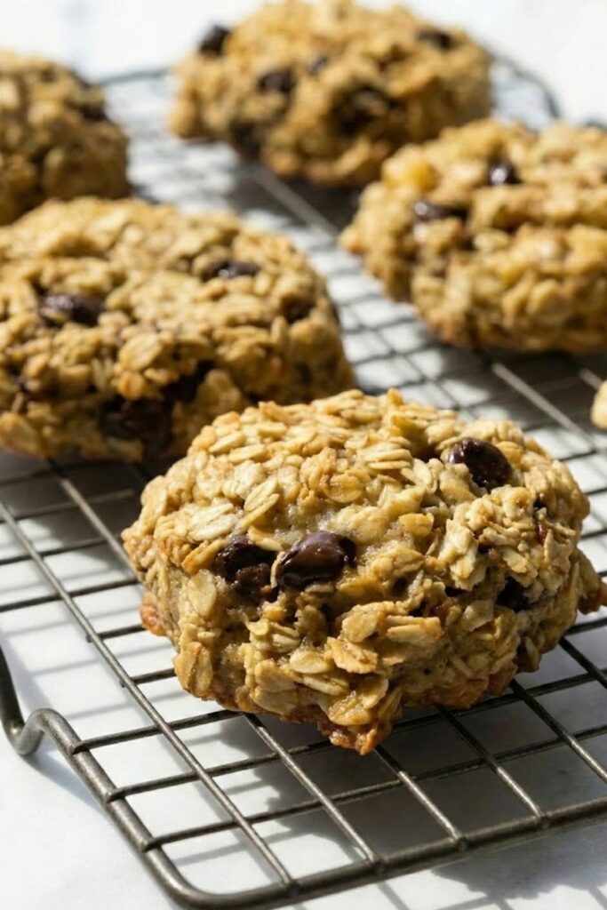 Stack of baked banana oatmeal cookies with one flipped upside down to show the perfectly flat, caramelized bottom surface achieved after baking for 10 to 12 minutes at 350 degrees Fahrenheit.