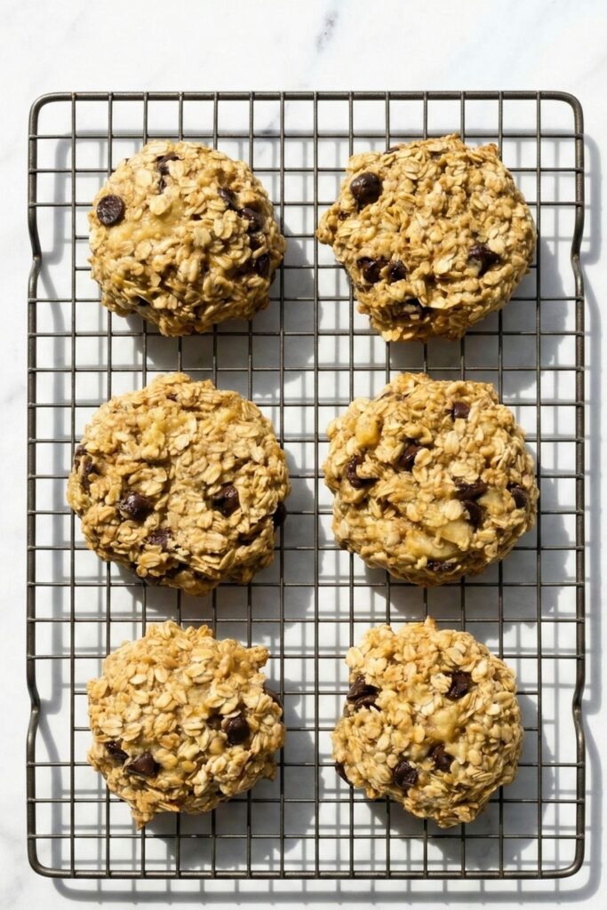 Symmetrical 2x4 grid overhead shot of a complete batch of 8 baked high-fiber, GLP-1 friendly banana oatmeal cookies resting on crisp white parchment paper with hard directional shadows.