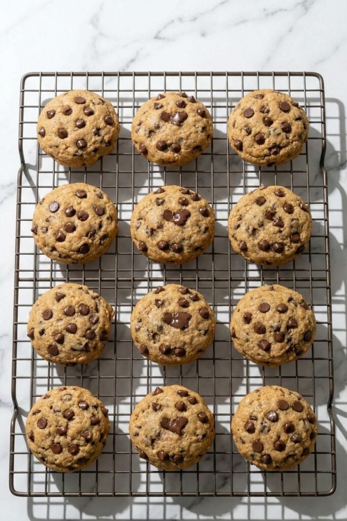 High angle shot of a full batch of 12 healthy protein cookies cooling on a wire rack, casting grid shadows on a white marble surface.