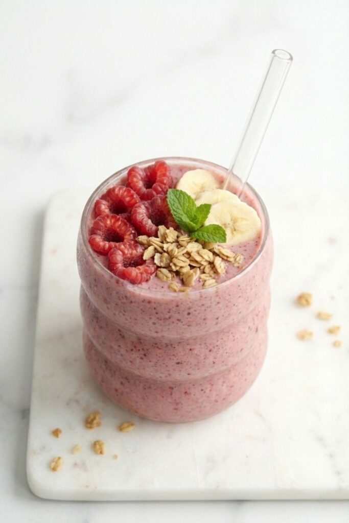 Eye-level shot of a high-protein berry smoothie in a bubble glass with a clear glass straw and fresh fruit garnish, set against a clean white background.