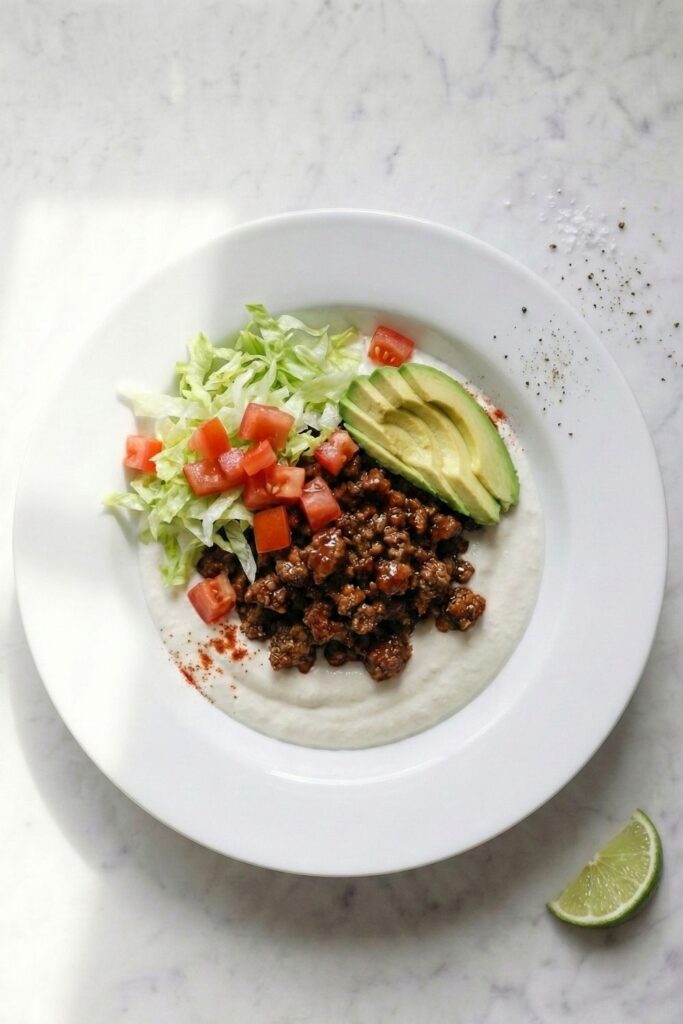 Vertical flat lay of the ultimate high protein taco dip in a white bowl, garnished with avocado, tomato, and lime, set on a white marble background for Pinterest.