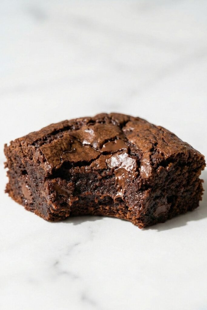 Bite apart a fudgy, high fiber flourless brownie square, revealing a dense interior crumb and stretching melted chocolate chips.