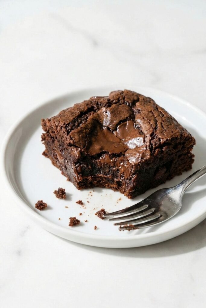 A dense, chewy 3 ingredient brownie square with a bite taken out of the front corner, resting on a silver dessert fork over white marble to show the interior moisture.