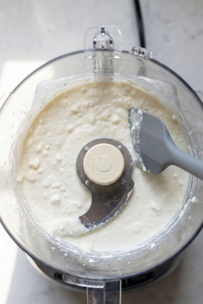Top-down view into a food processor bowl showing cottage cheese being blended into a smooth base, with a silicone spatula scraping down the sides.