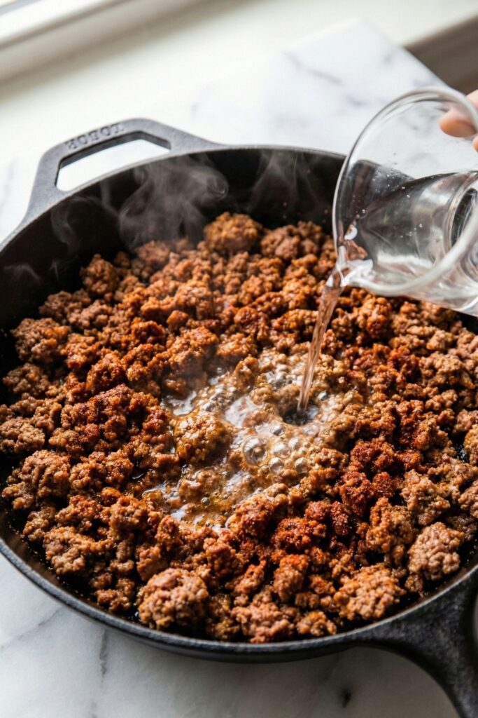 Action shot of water being poured onto browned ground beef and spices in a cast iron skillet, creating steam to bloom the chili powder and cumin.