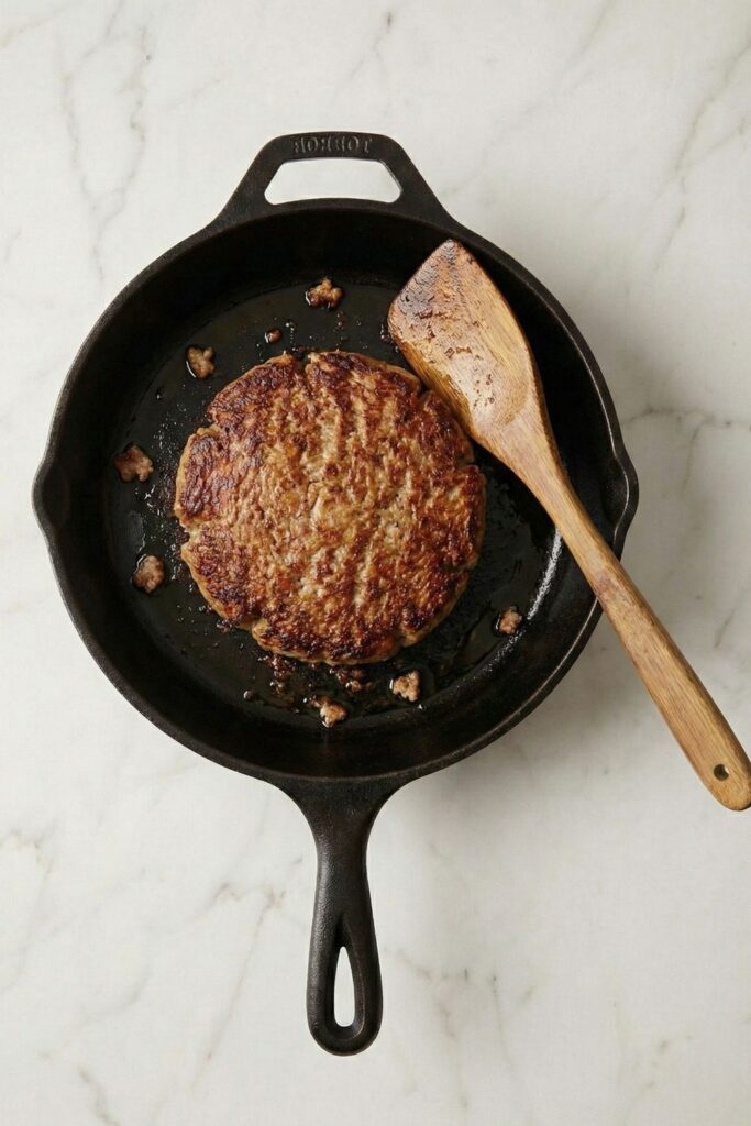 A large turkey patty flipped in a skillet showing a deep golden-brown crust from the Maillard reaction, ensuring flavor development before crumbling.