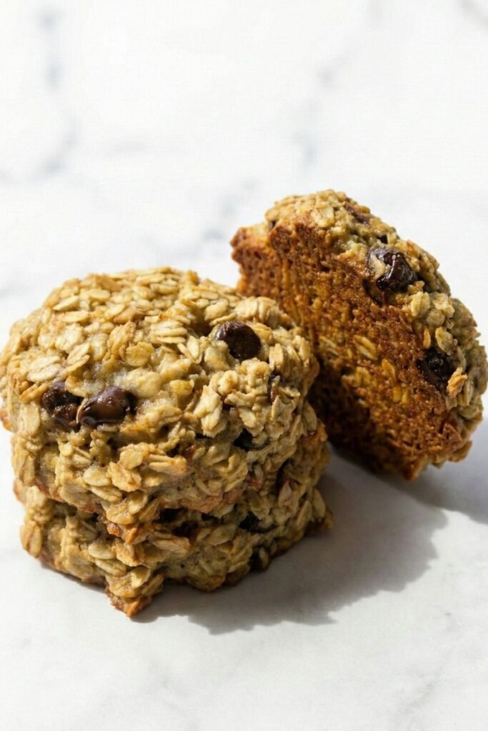 Macro 45-degree angle shot of 4 baked banana oatmeal cookies on a wire cooling rack, highlighting the golden-brown caramelized edges of the oats and the glossy sheen from the ⅓ cup of melted chocolate chips.