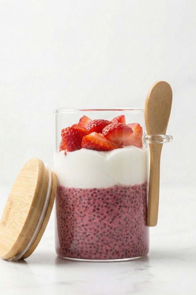 High protein raspberry chia pudding parfait in a glass jar with spoon holder, layered with greek yogurt and fresh berries on a white marble background.