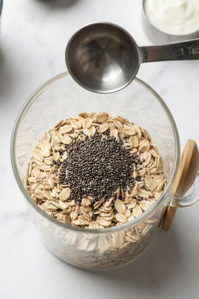 Macro close-up shot of 1 tablespoon of chia seeds sitting on top of dry oats to show the thickening agent.