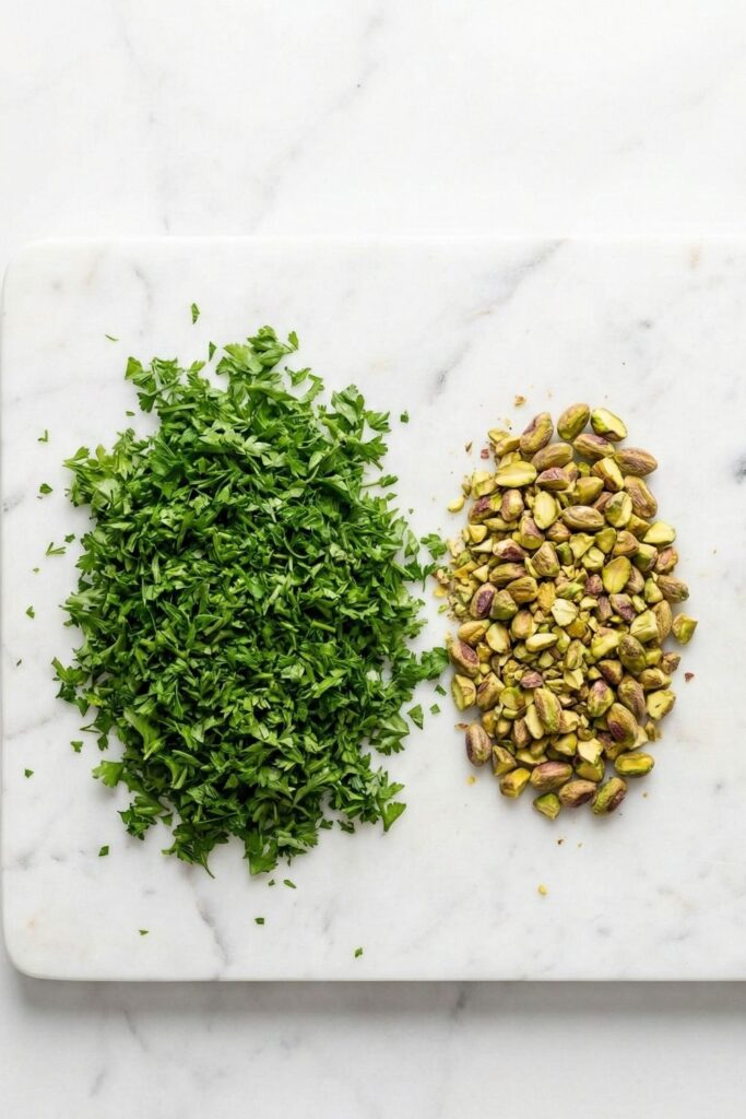 1 super large handful of fresh parsley minced into a fine dust sitting directly next to 3 to 4 tablespoons of roughly chopped roasted pistachios.