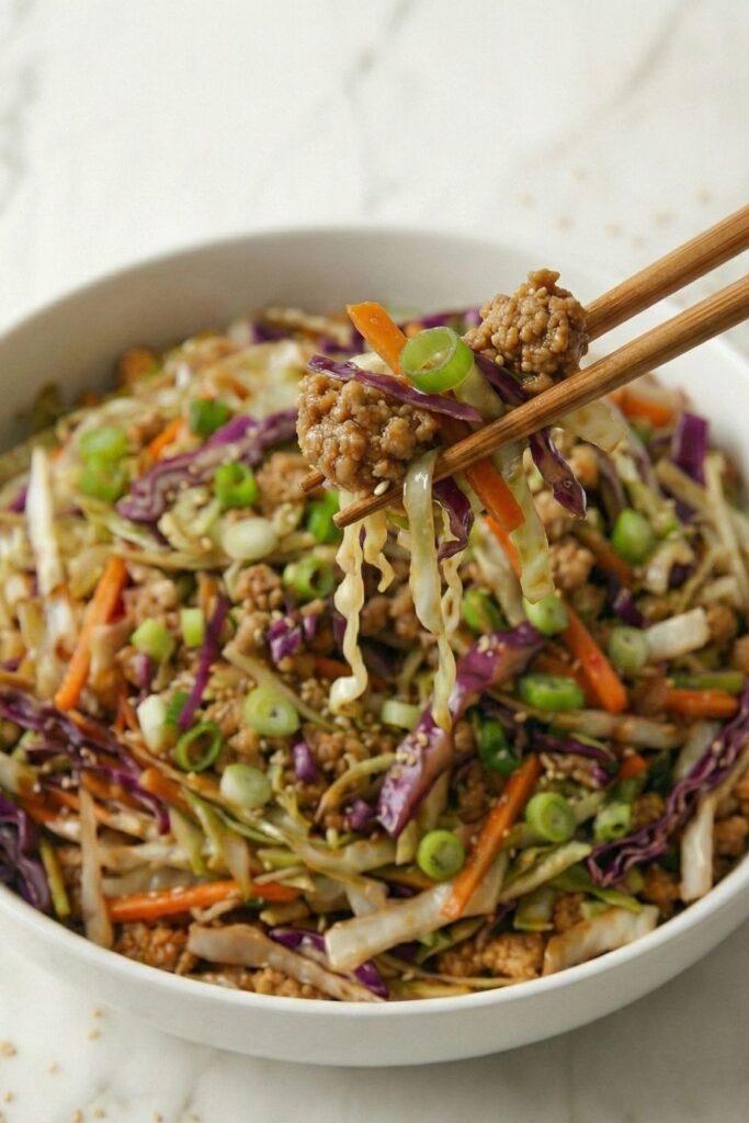 Wooden chopsticks pinching a cluster of egg roll filling, simulating the experience of eating an egg roll without the wrapper.