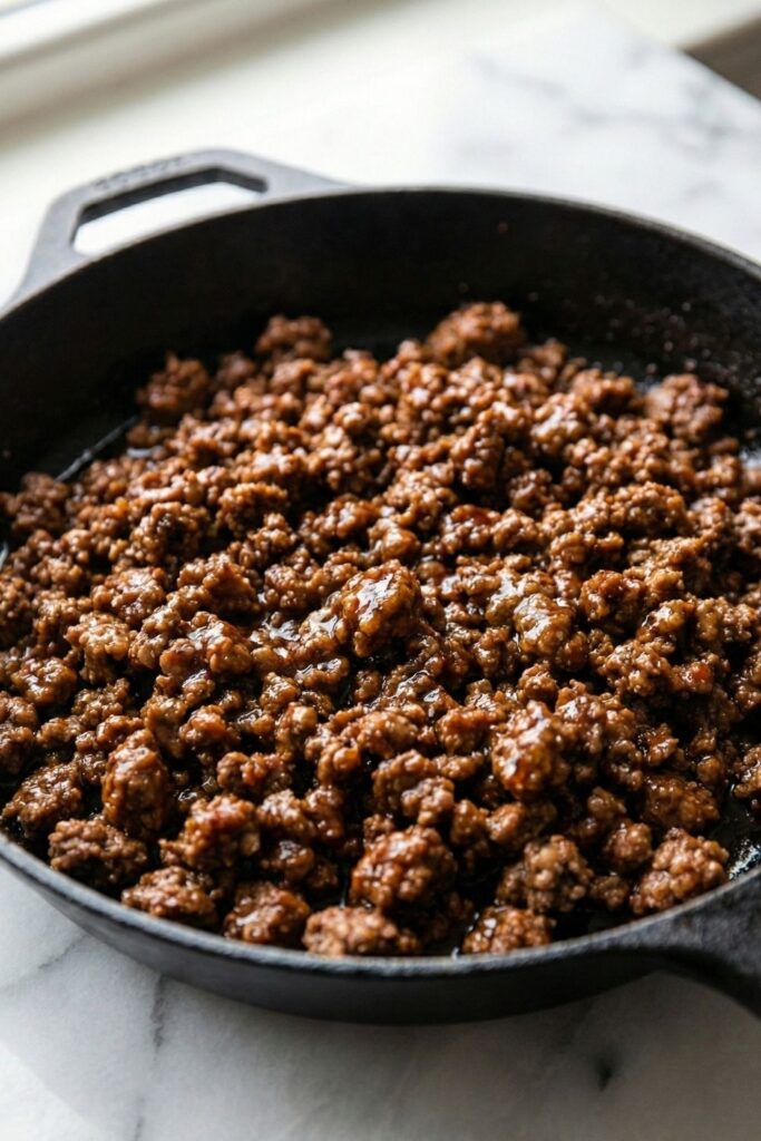 Macro close-up of fully cooked taco meat in a skillet, showing a glossy, juicy glaze and rich brown color, ready for high protein taco dip.