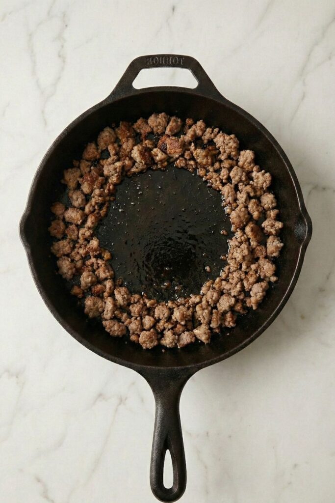 Text: Cooked ground turkey pushed to the outer edges of the skillet to create an empty center "well" for cooking aromatic ingredients.